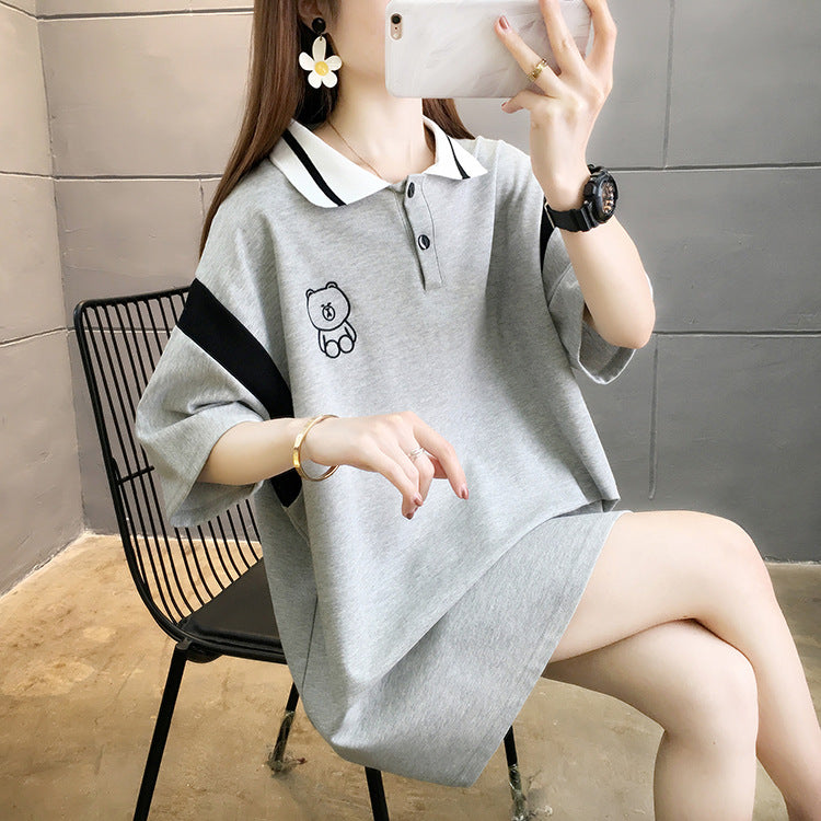 【DA-RH5009】夏季新款撞色短袖t卹女韓版卡通刺繡翻領上衣潮時尚女裝跨境