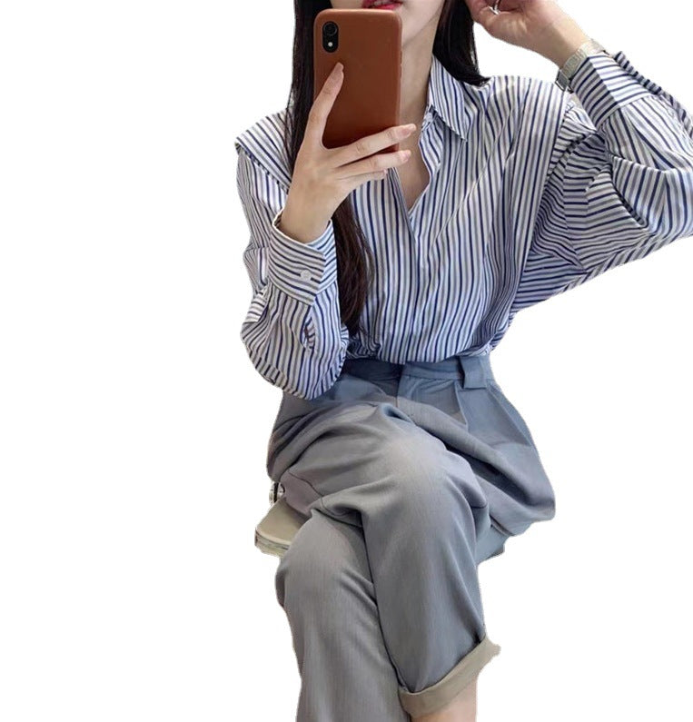 【BA-022603】高級！新款韓版ins時尚氣質長衣翻領單排扣寬鬆長袖條紋襯衫女