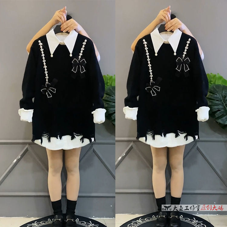 【FA-8941】單件/大碼女裝冬季新款韓版寬鬆顯瘦遮肉上衣拼接襯衫毛衣