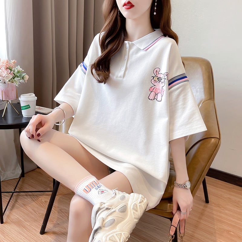 【DA-X628】新款韓版夏季翻領短袖t卹女學生休閒拼色上衣時尚中長款女裝