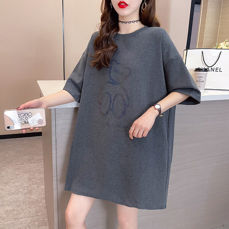 【DA-RH3059】一件代發夏季短袖t卹女反光圖案圓領上衣時尚中長款女裝跨境