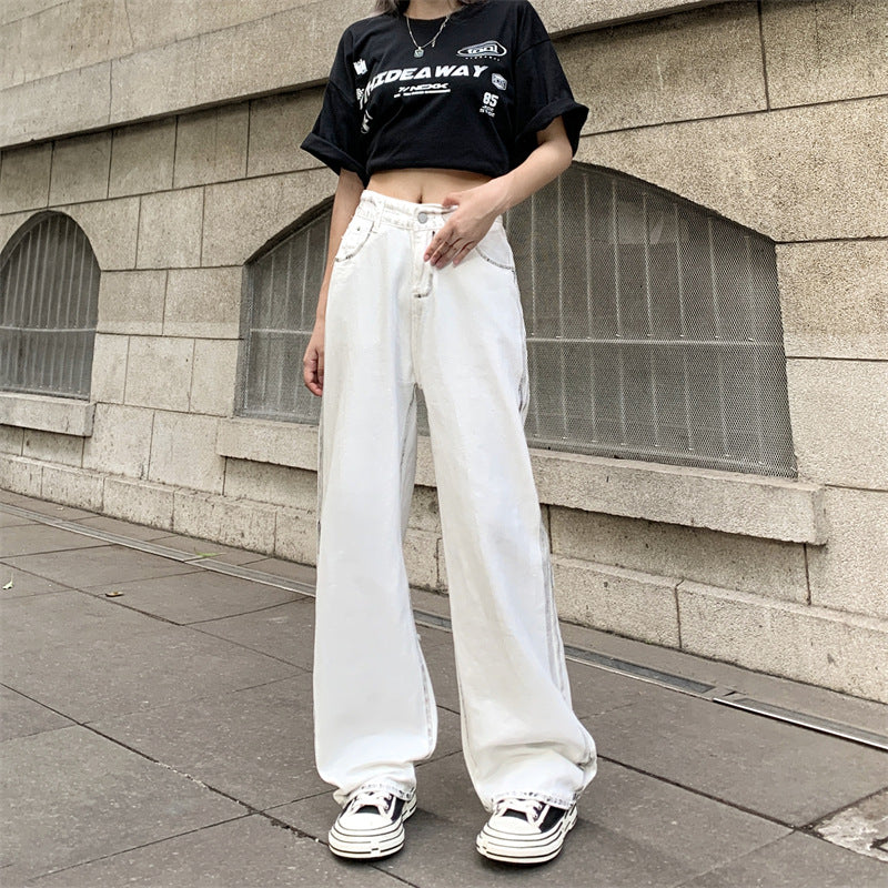 【HB-030656】2023春秋新款韓版手工塗鴉拖地牛仔褲男女高腰直筒寬鬆闊腿長褲子