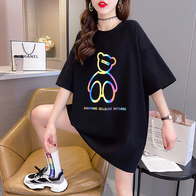 【DA-RH3059】一件代發夏季短袖t卹女反光圖案圓領上衣時尚中長款女裝跨境