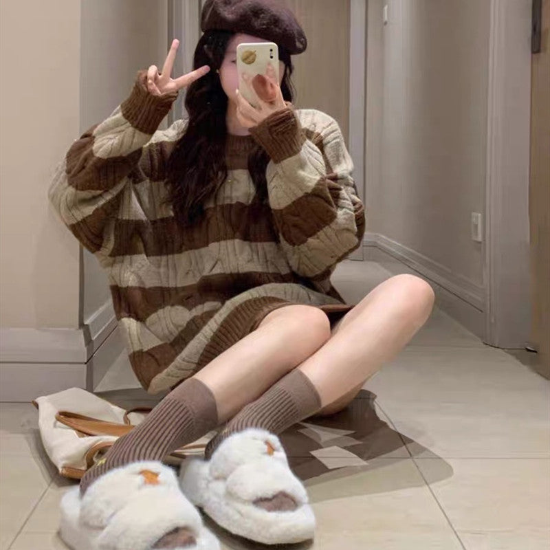 【AA-103120】復古慵懶風毛衣女2022年秋季新款韓系ins圓領寬鬆條紋上衣