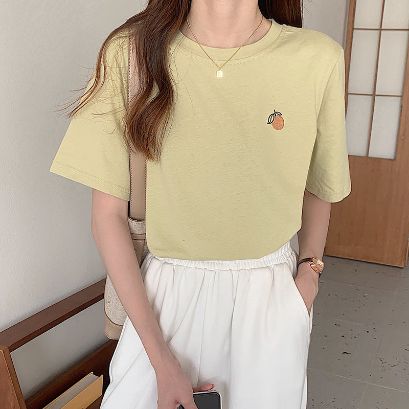 【HAF-121013】純棉桔子刺繡短袖t卹女夏季新款寬鬆小清新學生打底衫上衣