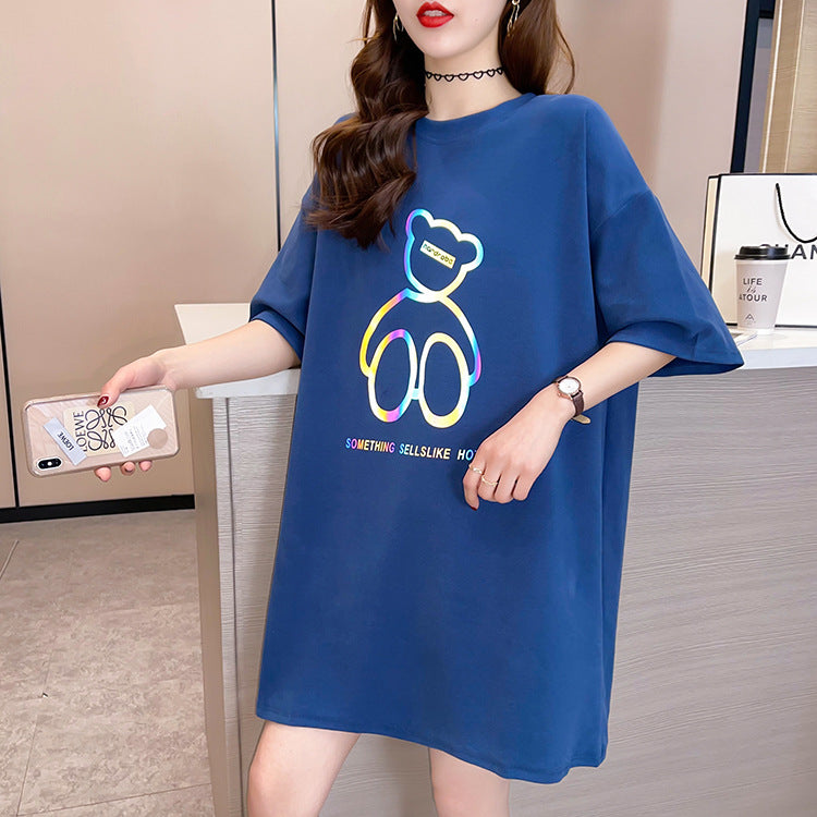 【DA-RH3059】一件代發夏季短袖t卹女反光圖案圓領上衣時尚中長款女裝跨境