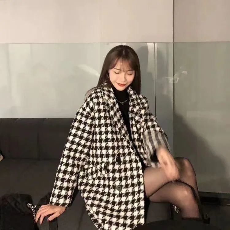 【AZ-112326】秋冬季新款寬鬆夾棉加厚保暖千鳥格中長款呢子大衣毛呢西裝外套女