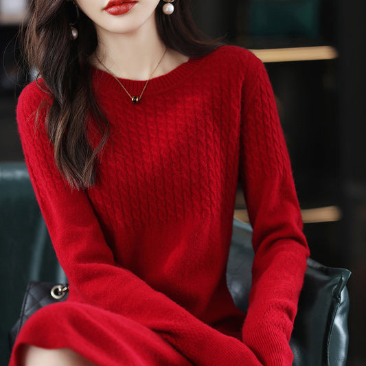 【LY-123019B】針織毛衣裙女2022新款秋冬季紅色直筒中長款氣質打底連衣裙
