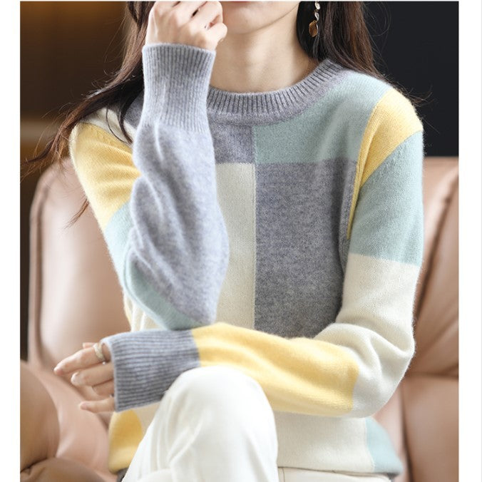 【AA-103116】圓領羊毛衫2022秋冬新款拼接毛衣女內搭針織打底衫