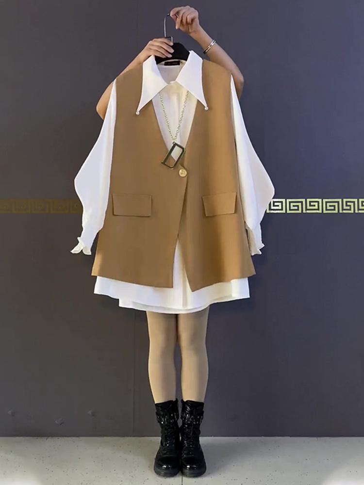 【FA-9429】單件/胖妹妹2022秋季新款大碼女裝V領馬甲燈籠袖百搭打底襯衫潮