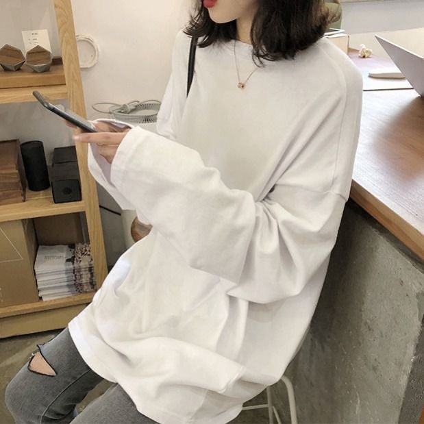 【KA-208】長袖T卹女秋冬內搭白色打底衫韓版慵懶風寬鬆百搭中長款上衣