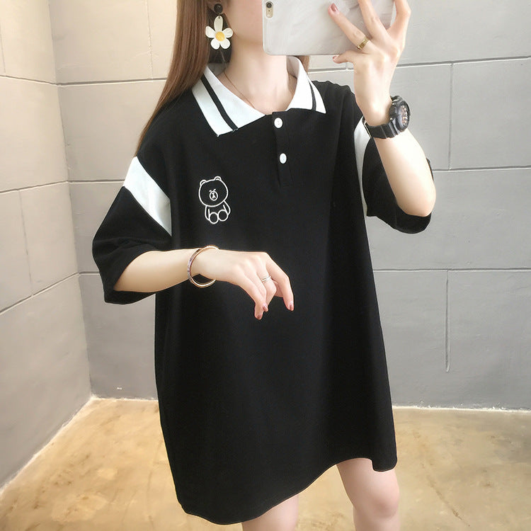 【DA-RH5009】夏季新款撞色短袖t卹女韓版卡通刺繡翻領上衣潮時尚女裝跨境