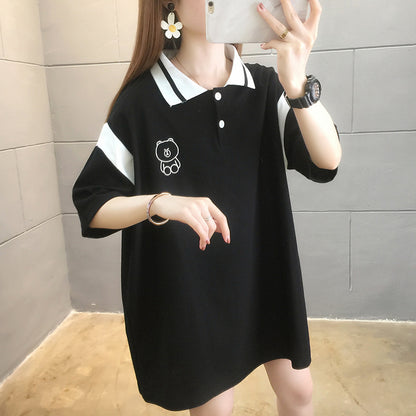 【DA-RH5009】夏季新款撞色短袖t卹女韓版卡通刺繡翻領上衣潮時尚女裝跨境