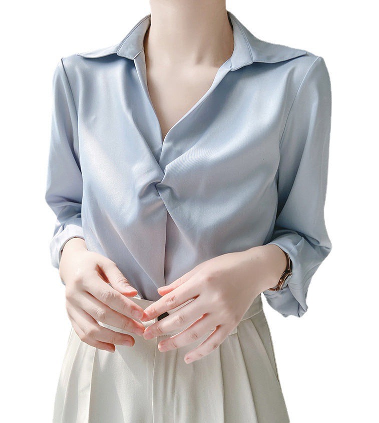 【BA-022618】2023新品 高級感藍色緞面襯衫女職業通勤襯衣設計感上衣春裝
